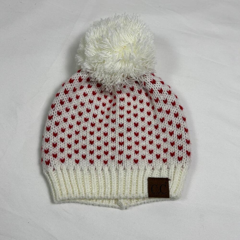 C.C. white knit hat with red hearts and pom pom